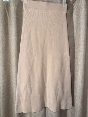 Sezane Ribbed A-Line Midi Skirt in Light Beige